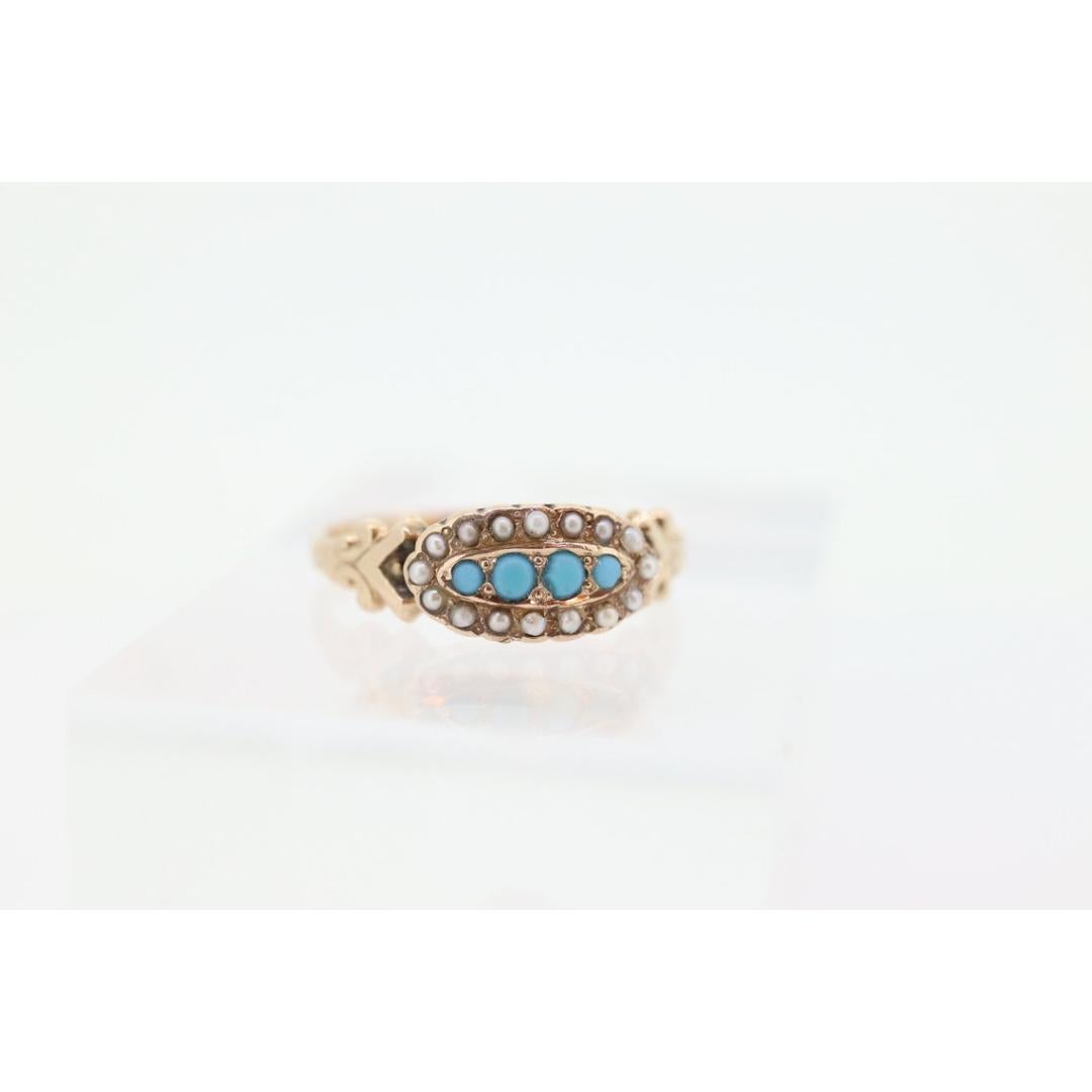 Victorian 10k Turquoise Cabochon and Pearl Seed Ring. 10k Victorian ornate For Sale 1