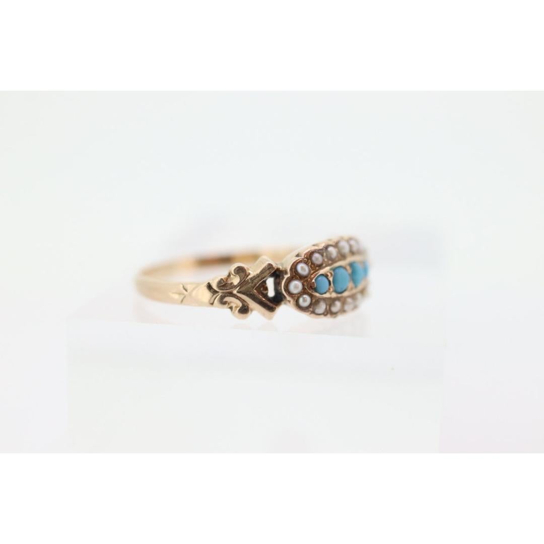 Victorian 10k Turquoise Cabochon and Pearl Seed Ring. 10k Victorian ornate For Sale 2