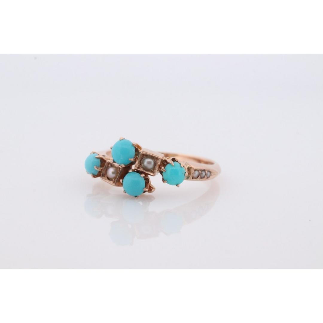 Viktorianischer 10k Türkis Cabochon und Perlen Saatring. 10k viktorianischer verzierter Ring im Angebot 1