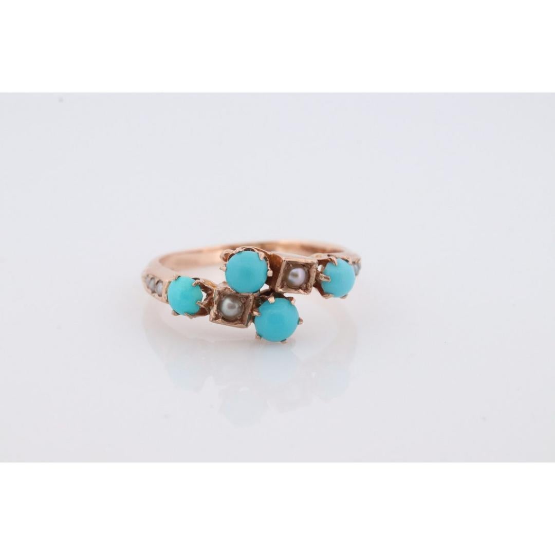 Viktorianischer 10k Türkis Cabochon und Perlen Saatring. 10k viktorianischer verzierter Ring im Angebot 2