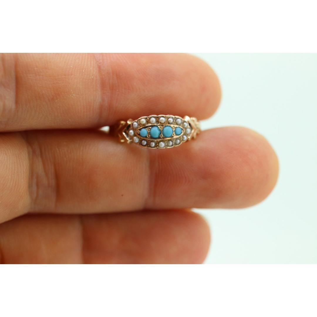 Victorian 10k Turquoise Cabochon and Pearl Seed Ring. 10k Victorian ornate For Sale 3