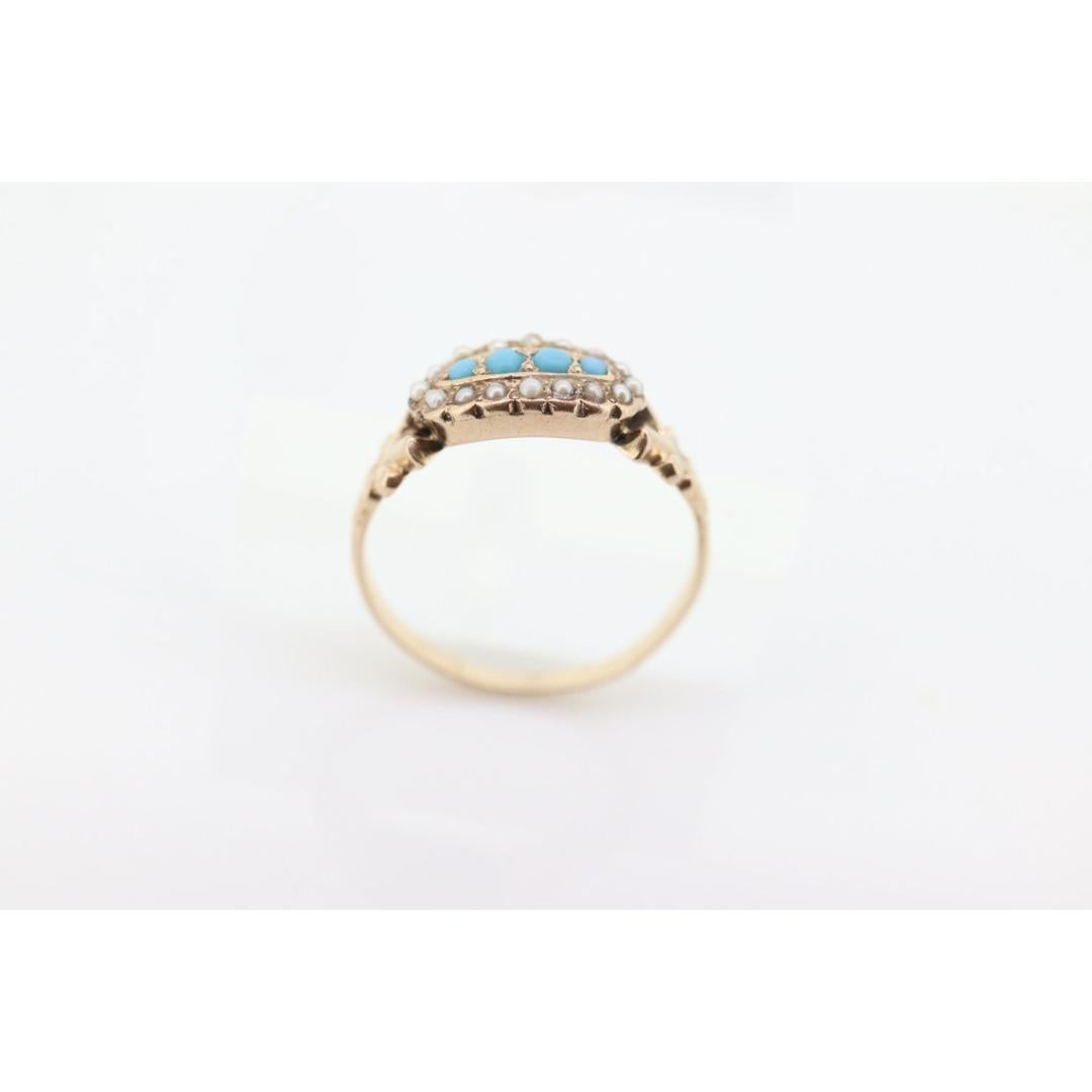 Victorian 10k Turquoise Cabochon and Pearl Seed Ring. 10k Victorian ornate For Sale 4
