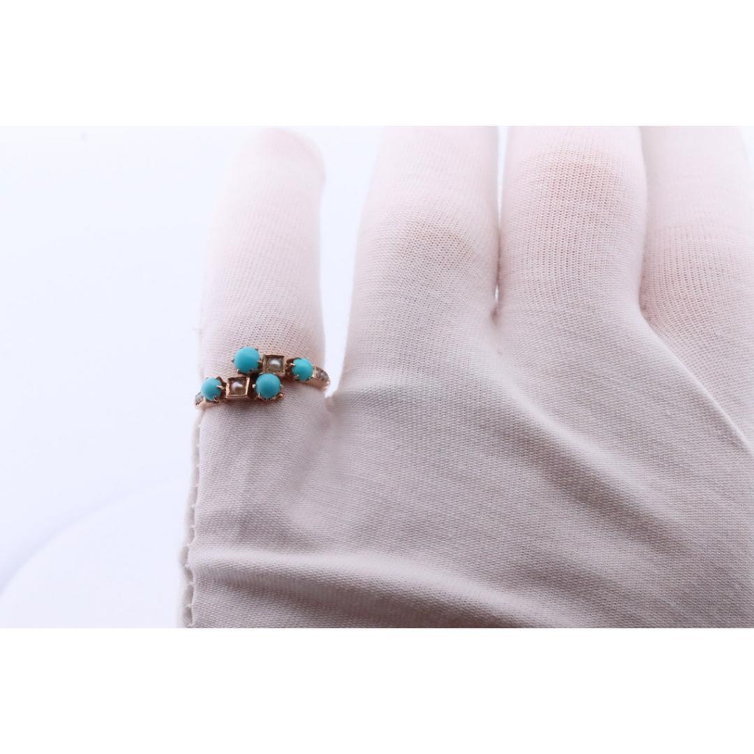 Viktorianischer 10k Türkis Cabochon und Perlen Saatring. 10k viktorianischer verzierter Ring im Angebot 4