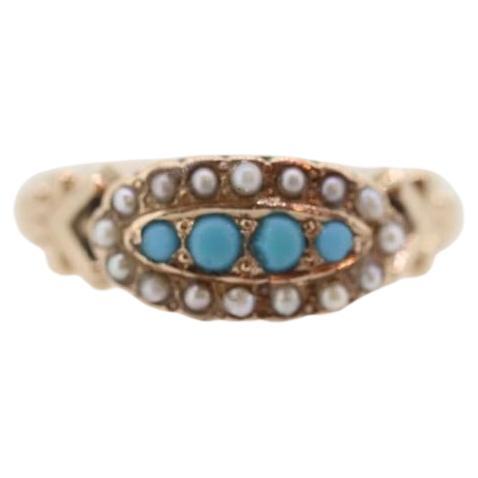 Bague victorienne 10k à cabochon de turquoise et perles. 10k Victorien orné
