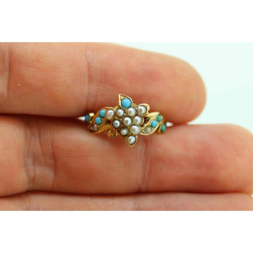 Victorian 10k Turquoise Cabochon and Pearl Seed Ring. 10k Victorian ornate Vine For Sale 6