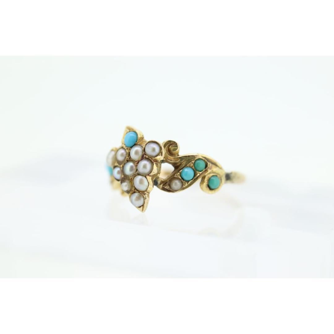 Women's or Men's Victorian 10k Turquoise Cabochon and Pearl Seed Ring. 10k Victorian ornate Vine For Sale
