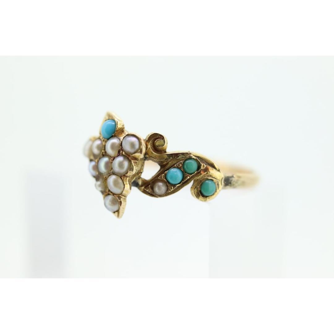 Victorian 10k Turquoise Cabochon and Pearl Seed Ring. 10k Victorian ornate Vine For Sale 1