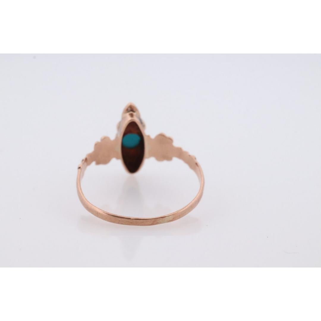 Women's Victorian 10k Turquoise Cabochon and Pearl Seed Ring. 10k Victorian ornate Vine For Sale