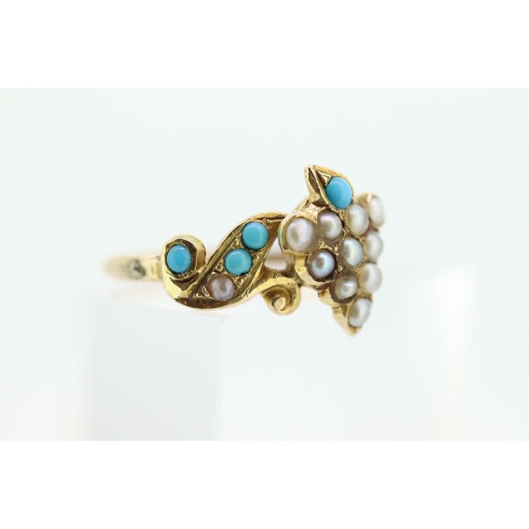 Victorian 10k Turquoise Cabochon and Pearl Seed Ring. 10k Victorian ornate Vine For Sale 2
