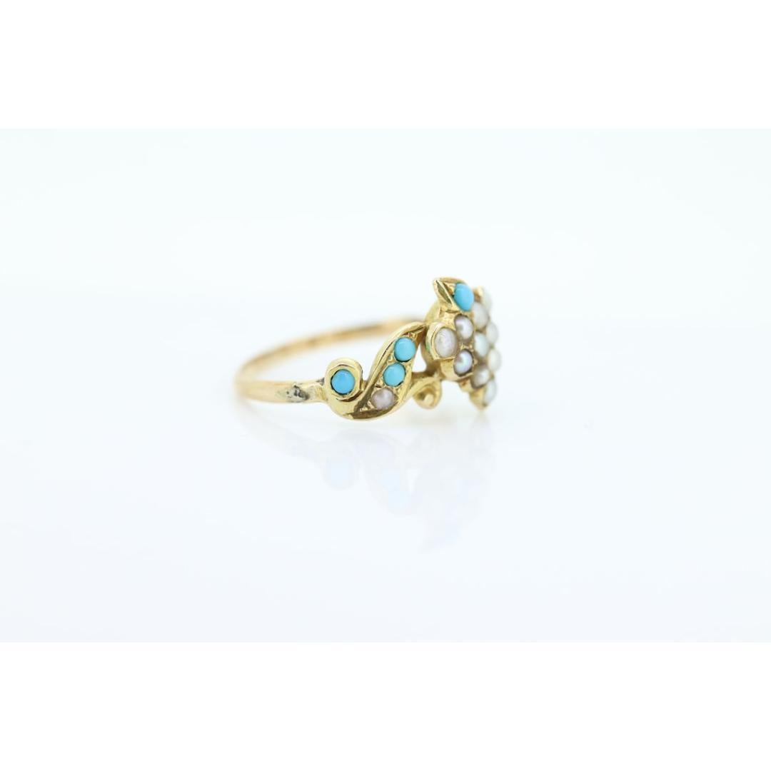 Victorian 10k Turquoise Cabochon and Pearl Seed Ring. 10k Victorian ornate Vine For Sale 3