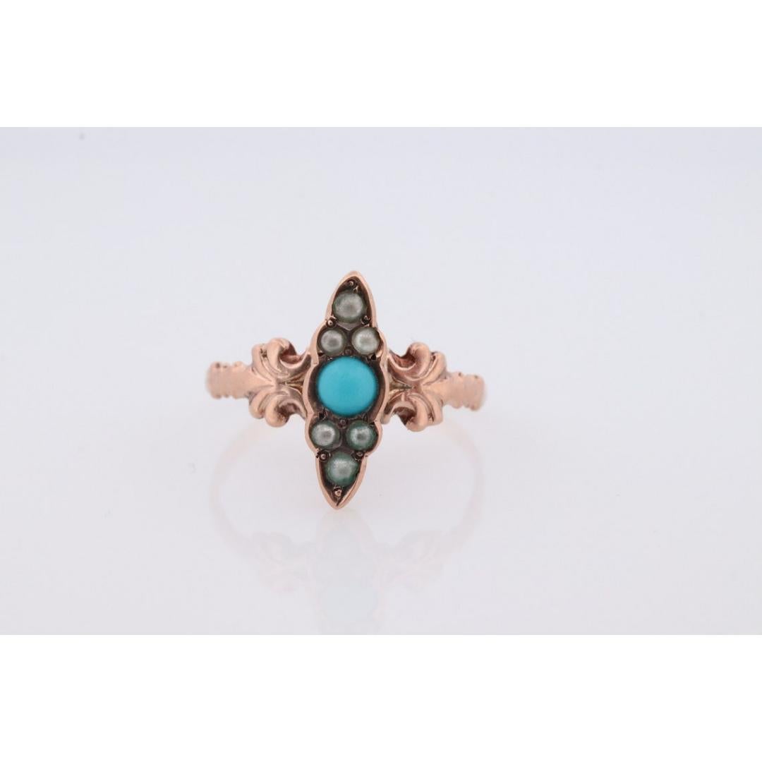 Victorian 10k Turquoise Cabochon and Pearl Seed Ring. 10k Victorian ornate Vine For Sale 2