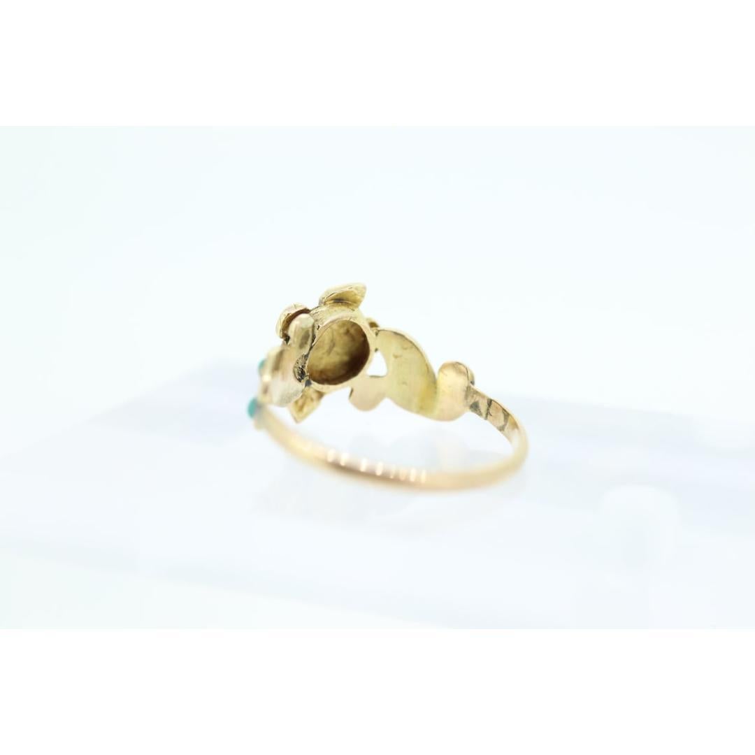 Victorian 10k Turquoise Cabochon and Pearl Seed Ring. 10k Victorian ornate Vine For Sale 4