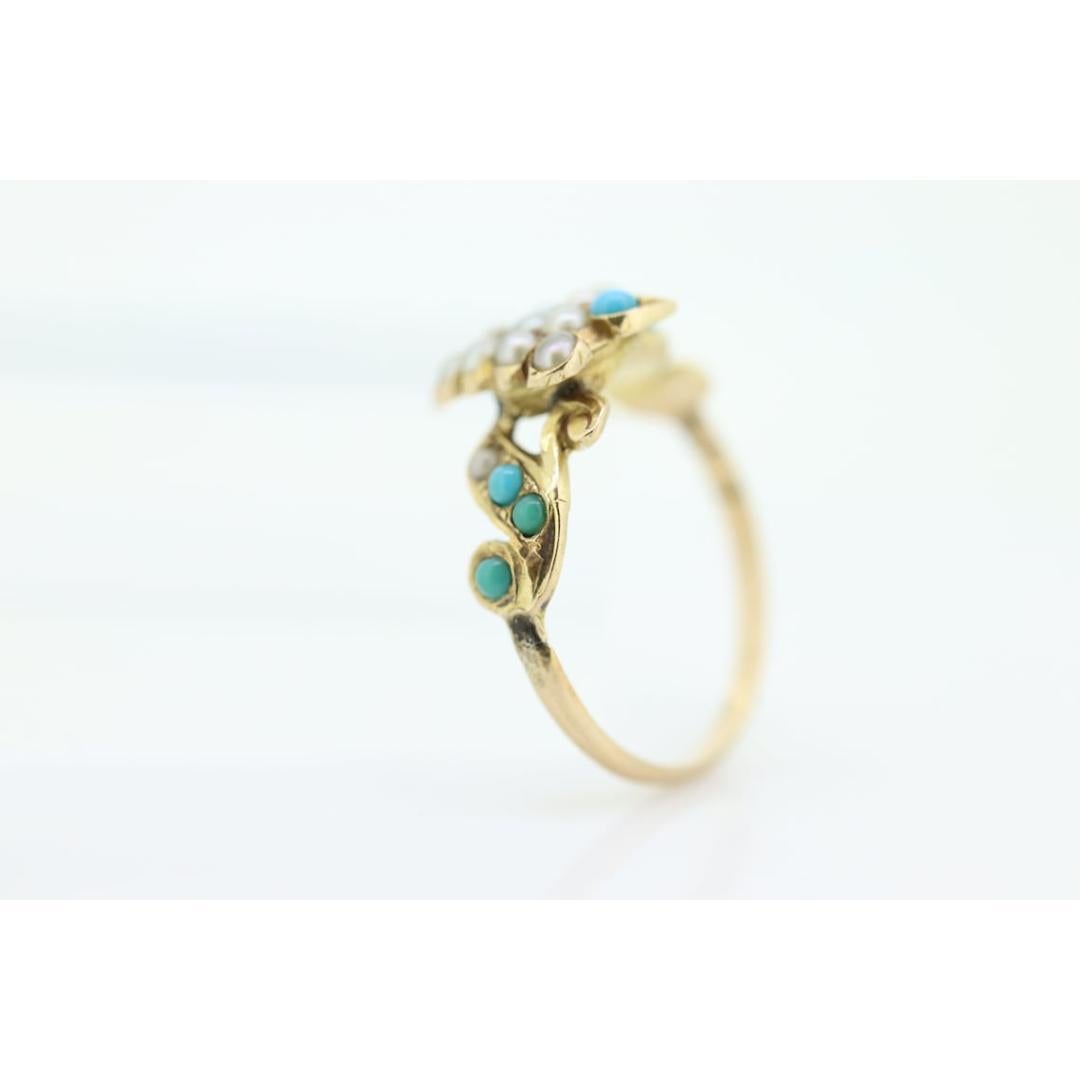 Victorian 10k Turquoise Cabochon and Pearl Seed Ring. 10k Victorian ornate Vine For Sale 5