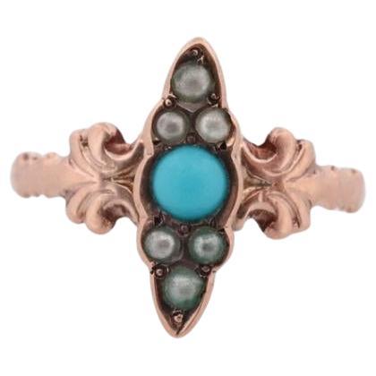 Victorian 10k Turquoise Cabochon and Pearl Seed Ring. 10k Victorian ornate Vine
