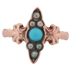 Victorian 10k Turquoise Cabochon and Pearl Seed Ring. 10k Victorian ornate Vine