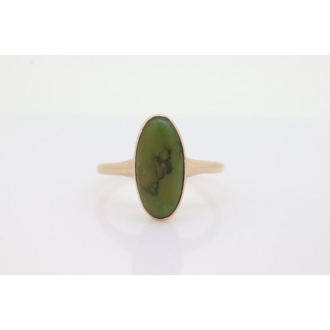 Victorian 10k Turquoise Cabochon stone Ring. 10k GREEN Turquoise Oval Bezel set For Sale 3