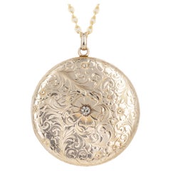 Victorian 10K Yellow Gold Acid Etched Old European Diamond Locket Necklace