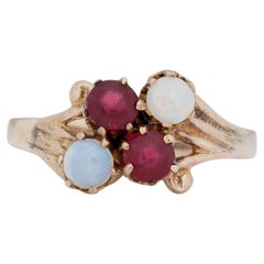 Victorian 10K Yellow Gold Antique Opal and Garnet Split Shank Four Stone Ring 