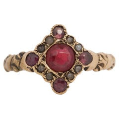 Victorian 10K Yellow Gold Antique Tourmaline and Seed Pearl Fashion Ring