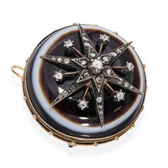 Victorian 10k Yellow Gold Banded Agate Diamond Starburst Mourning Brooch
