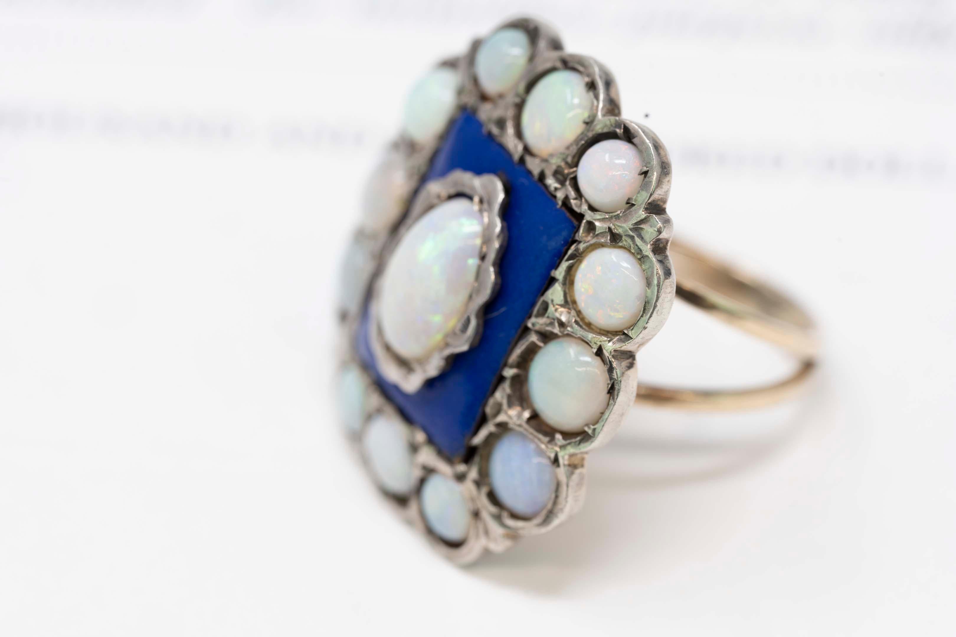 Round Cut Victorian 10k Yellow Gold Opals and Blue Enamel Ring For Sale