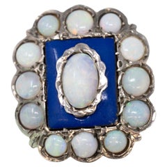 Antique Victorian 10k Yellow Gold Opals and Blue Enamel Ring