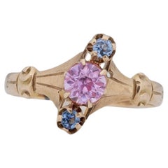 Victorian 10K Yellow Gold Pink and Lavender Vintage Three Stone Fashion Ring
