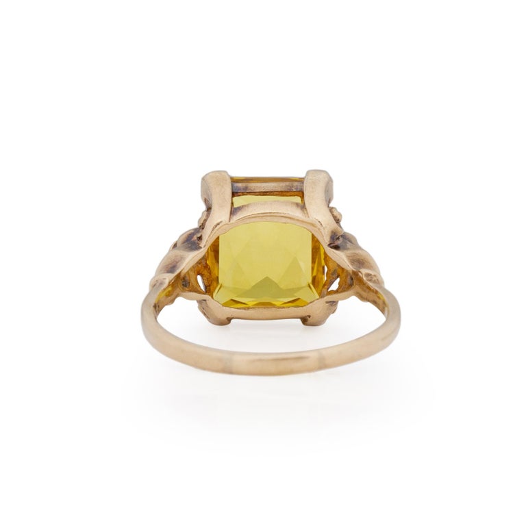 Square Cut Victorian 10K Yellow Gold Rectangle Cut Yellow Citrine with Floral Details Ring
