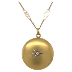 Viktorianische 10K Gelbgold Runde Diamant Medaillon mit 14K Kette