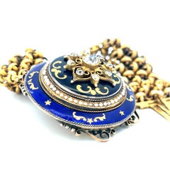 Victorian 10K YG Link Enamel Bracelet with 1.15 Carat Diamonds and 1.1 MM Pearl