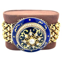 Victorian 10K YG Link Enamel Bracelet with 1.15 Carat Diamonds and 1.1 MM Pearl