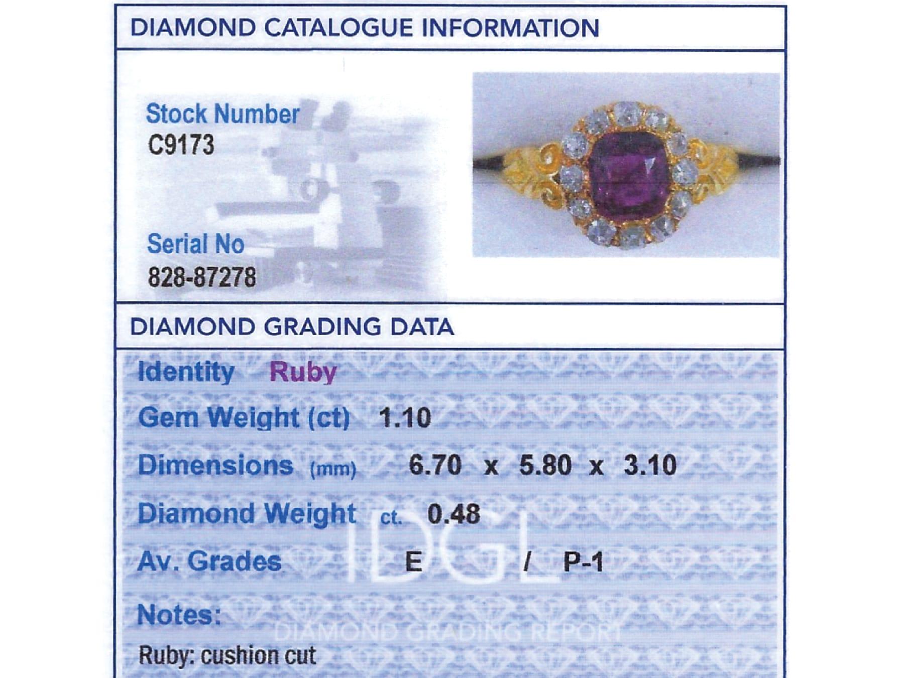 Bague grappe victorienne en or jaune 18 carats, rubis de 1,10 carat et diamants de 0,48 carat en vente 6