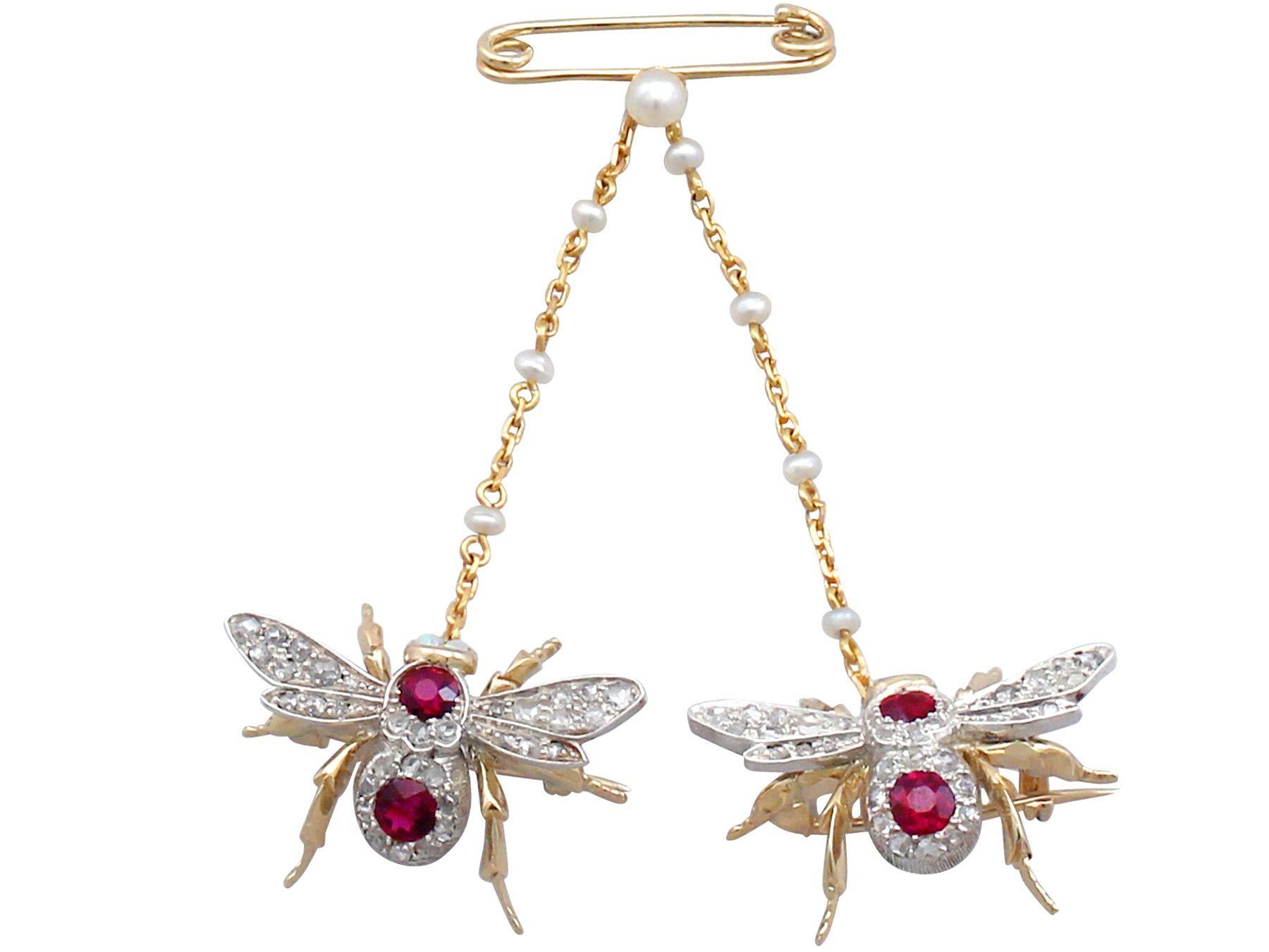 Round Cut Victorian 1.10 Carat Ruby and Opal Diamond and Gold Bee Brooch