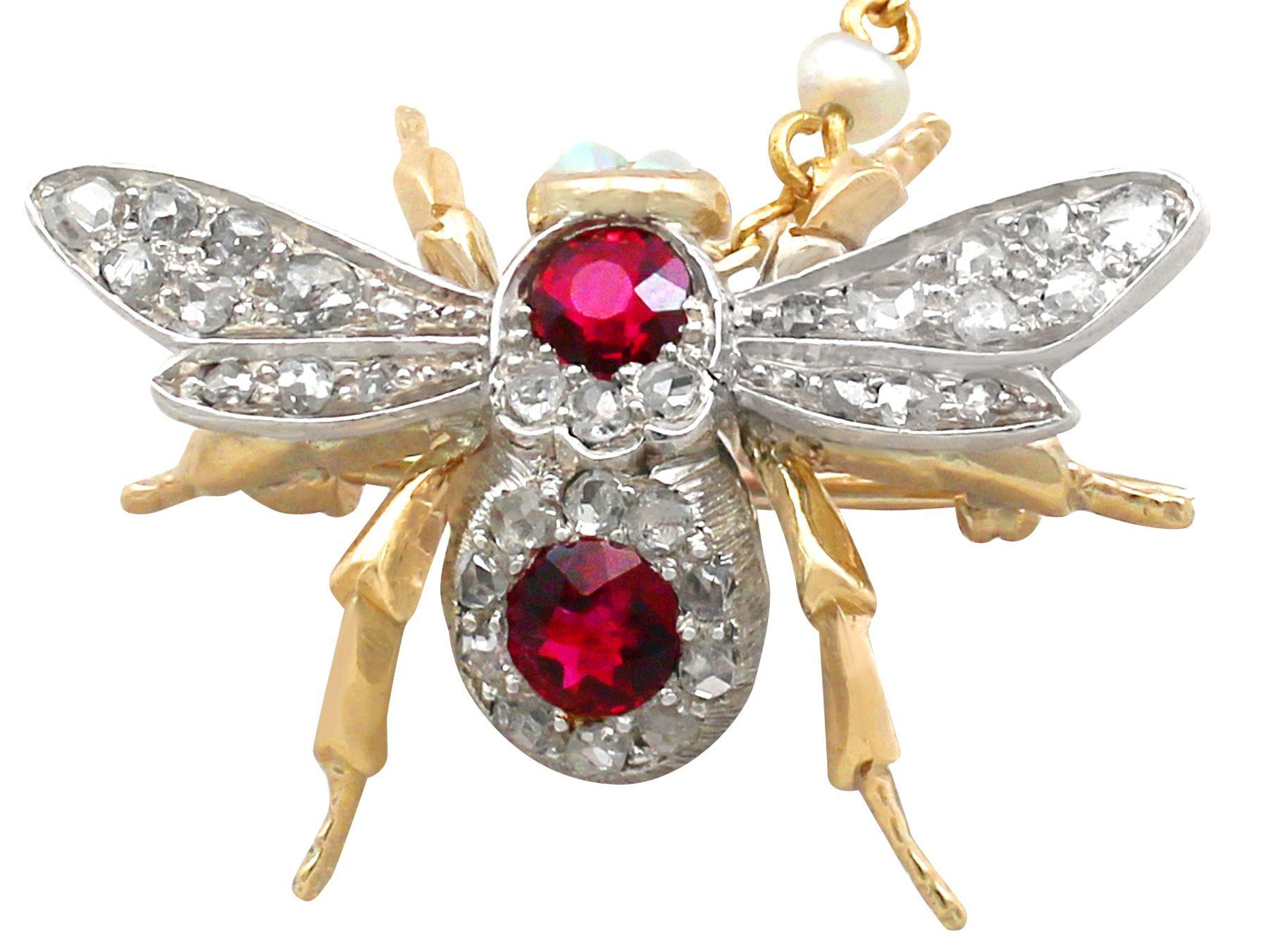 Women's or Men's Victorian 1.10 Carat Ruby and Opal Diamond and Gold Bee Brooch