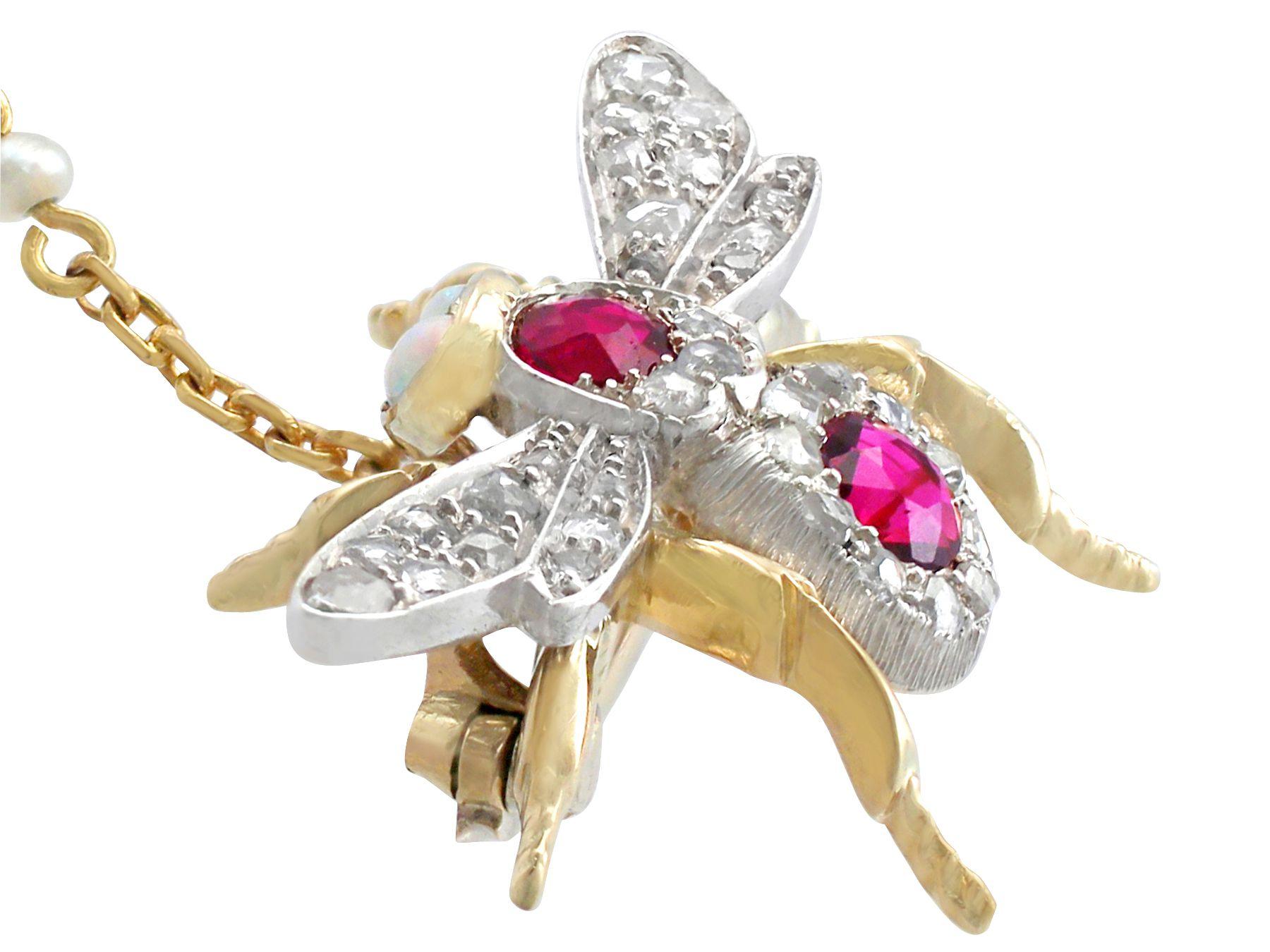 Victorian 1.10 Carat Ruby and Opal Diamond and Gold Bee Brooch 2