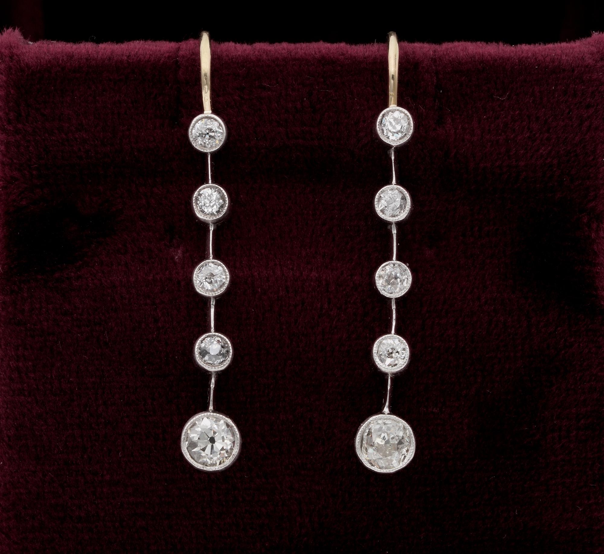 Diamond Swing

Beautiful pair of Victorian period Diamond drop earrings – 1890/1900 ca
Hand crafted of solid 18 KT gold topped by silver
Designed as a swinging bar line – each comprising an articulate line of five old mine cut Diamonds with bigger