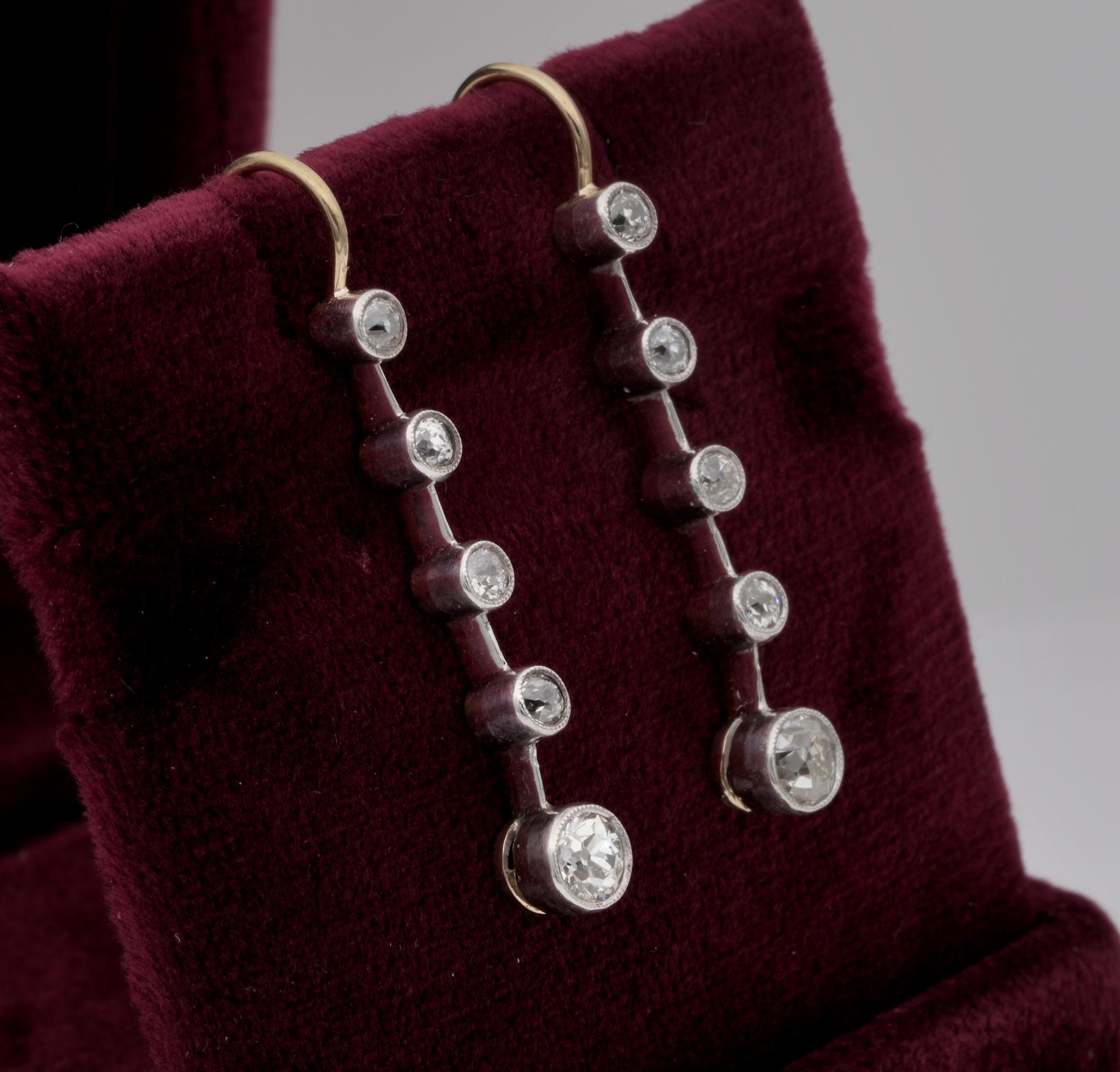 Women's Victorian 1.10 Carat Old Mine Cut Diamond Bar Line Drop Earrings For Sale