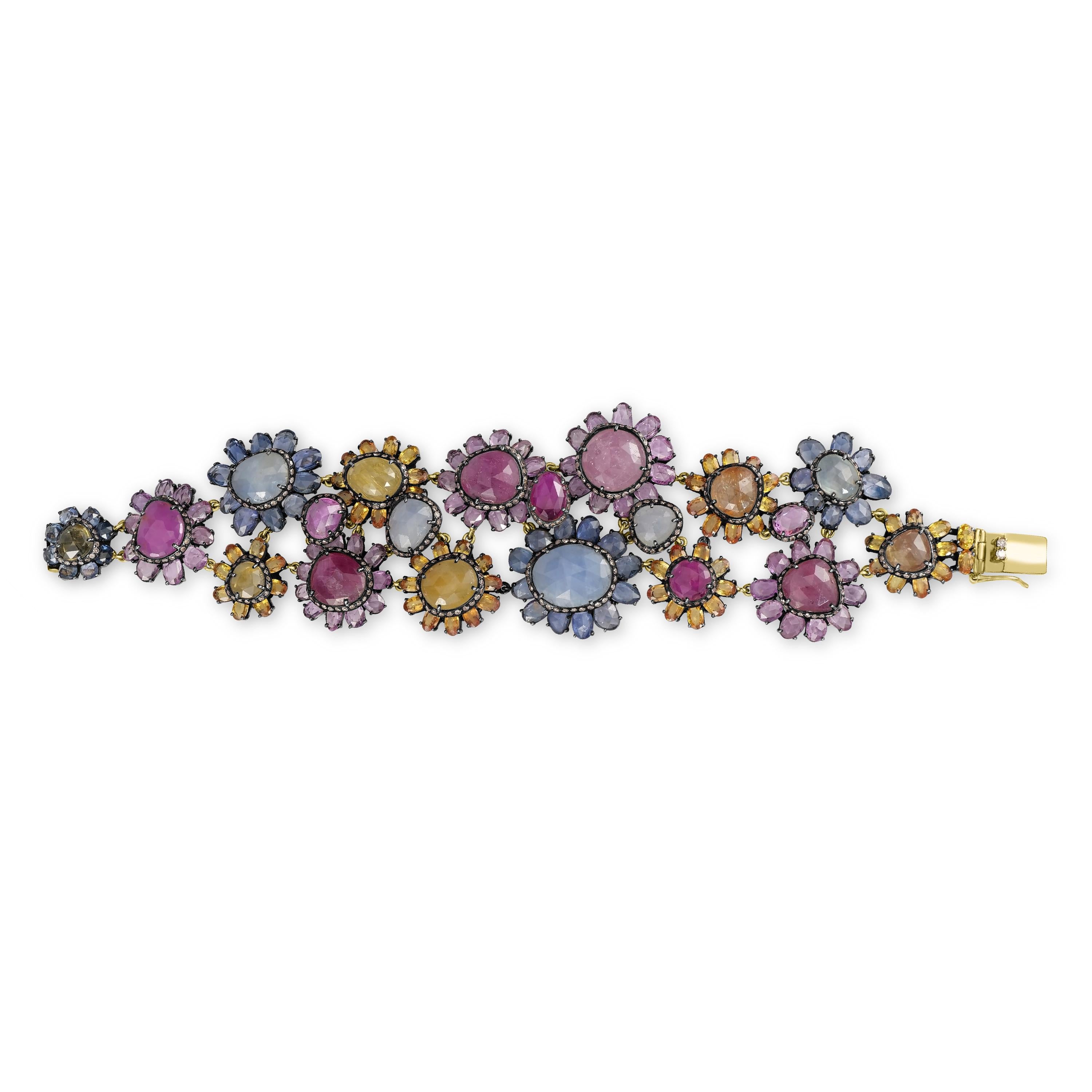 Oval Cut Victorian 110 Cttw. Sapphire, Ruby and Diamond Link Bracelet  For Sale