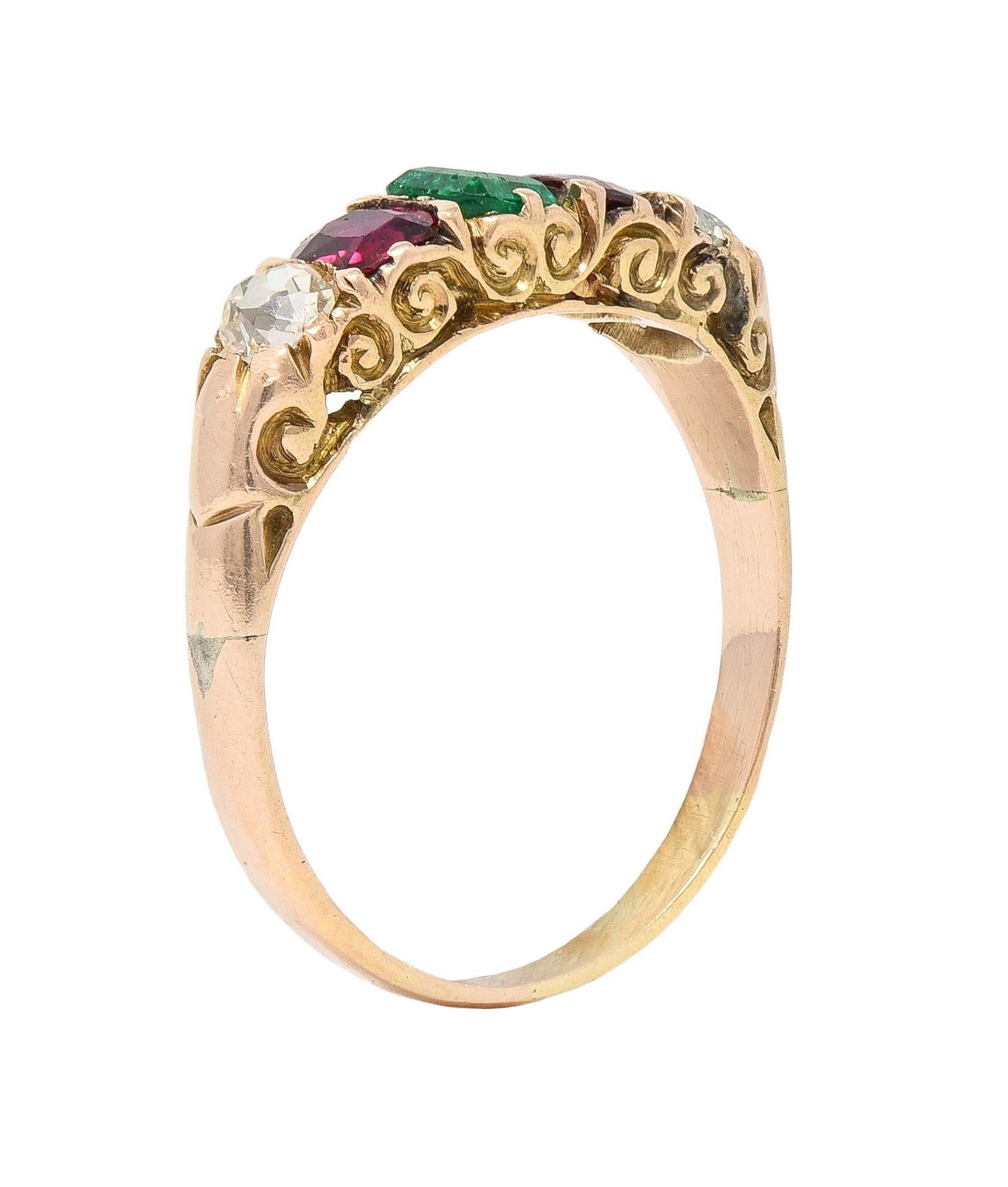 Victorian 1.10 CTW Ruby Emerald Diamond 14 Karat Yellow Gold Antique Band Ring 5