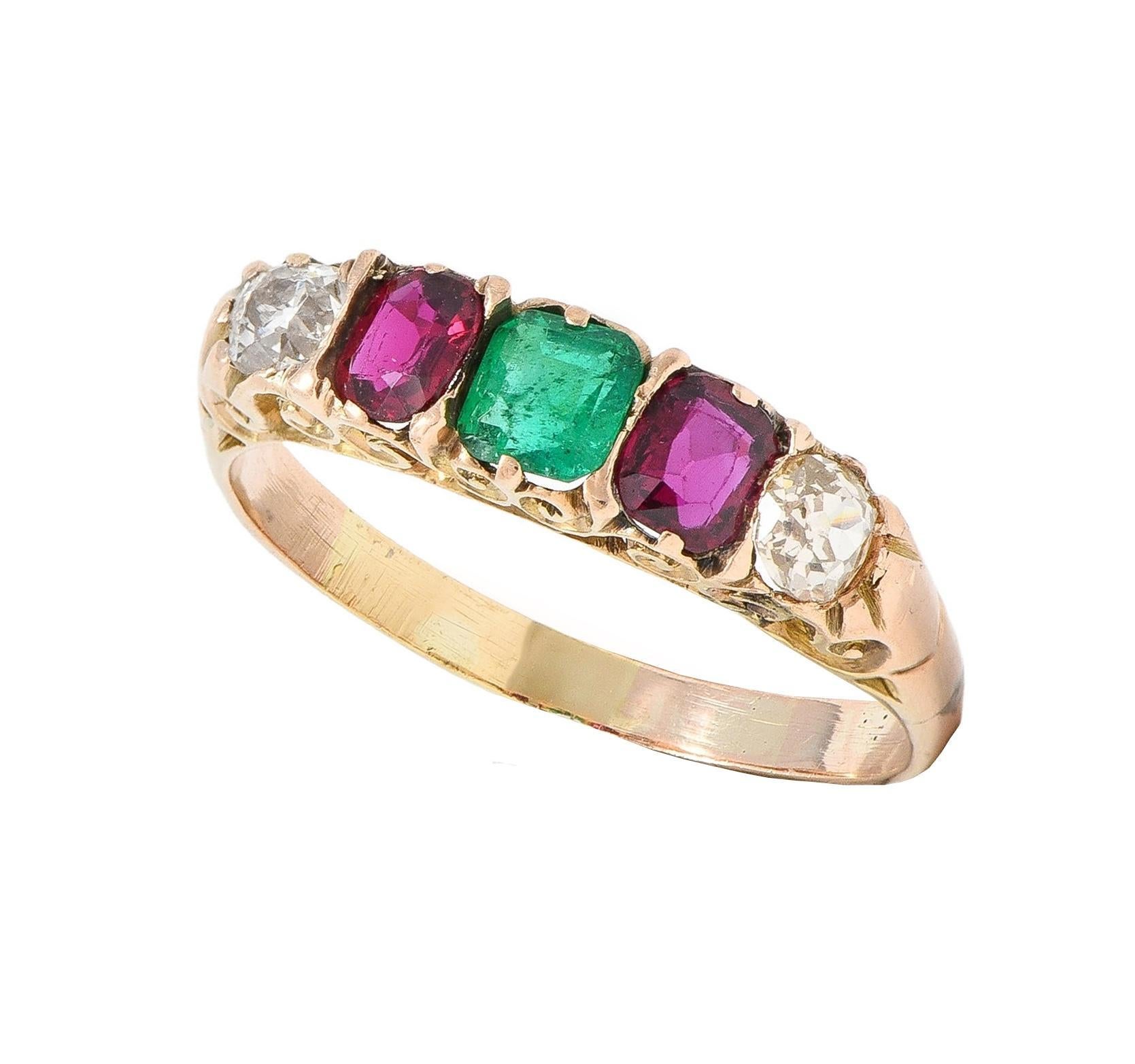 Victorian 1.10 CTW Ruby Emerald Diamond 14 Karat Yellow Gold Antique Band Ring 6