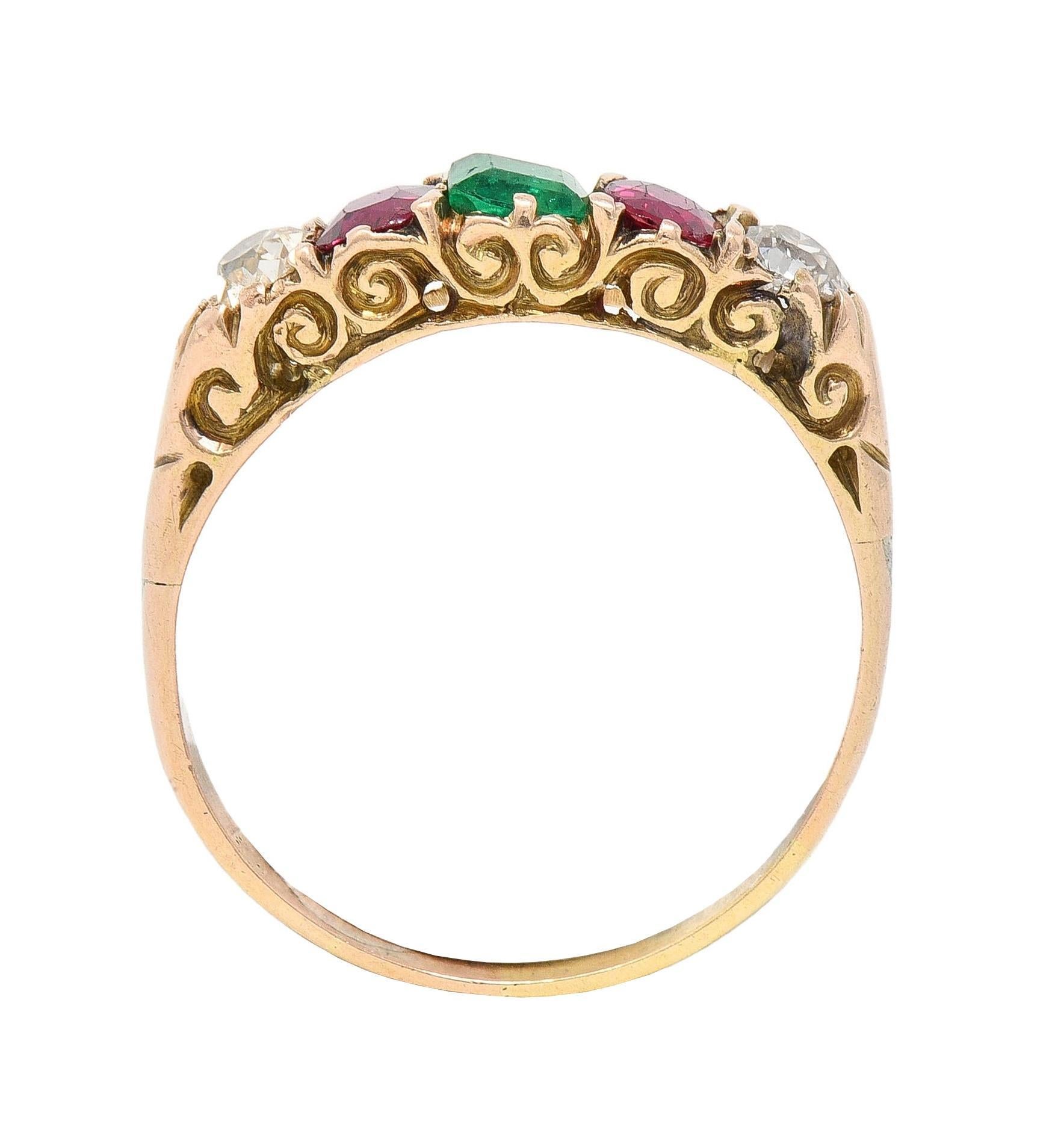 Victorian 1.10 CTW Ruby Emerald Diamond 14 Karat Yellow Gold Antique Band Ring In Excellent Condition In Philadelphia, PA