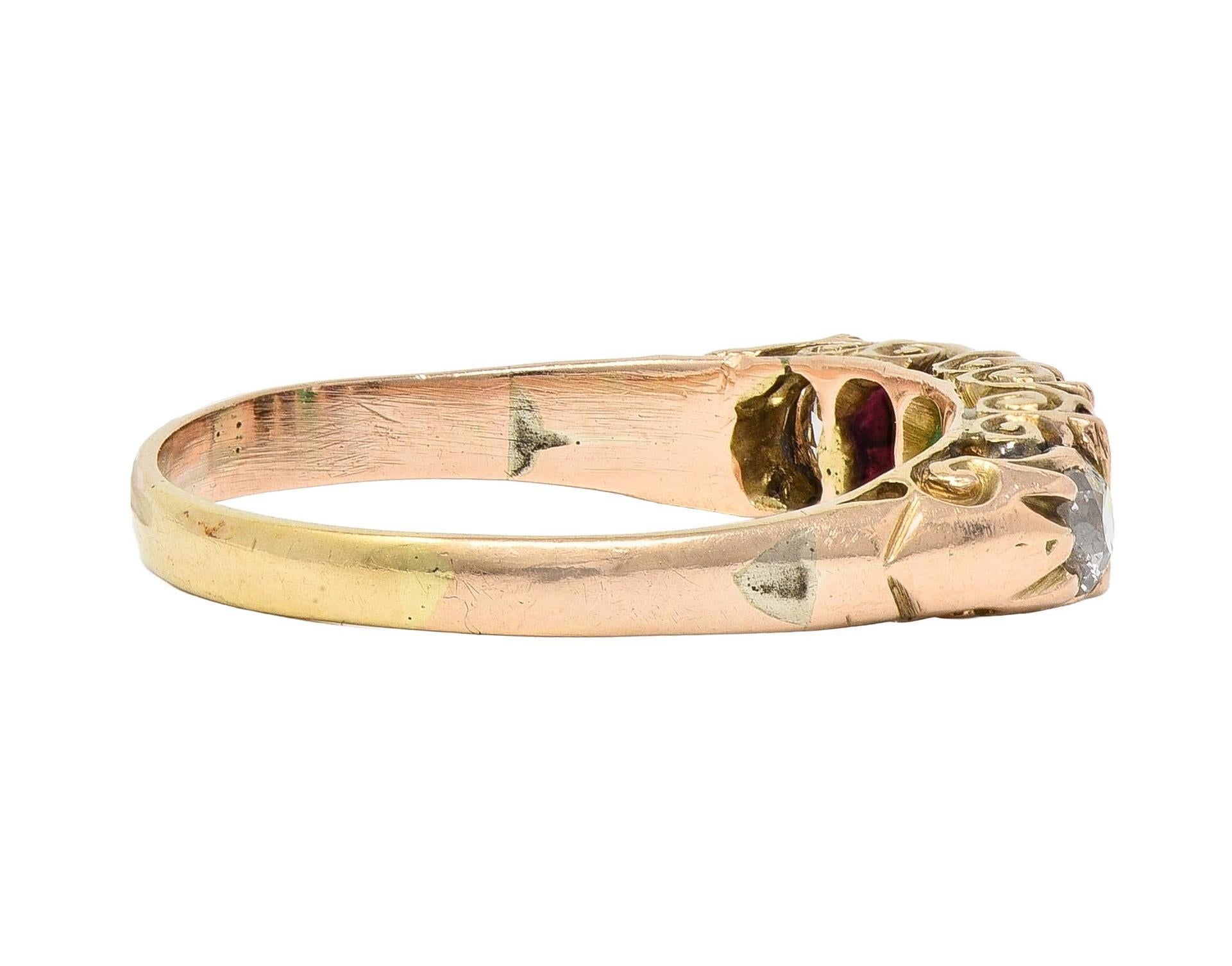 Women's or Men's Victorian 1.10 CTW Ruby Emerald Diamond 14 Karat Yellow Gold Antique Band Ring