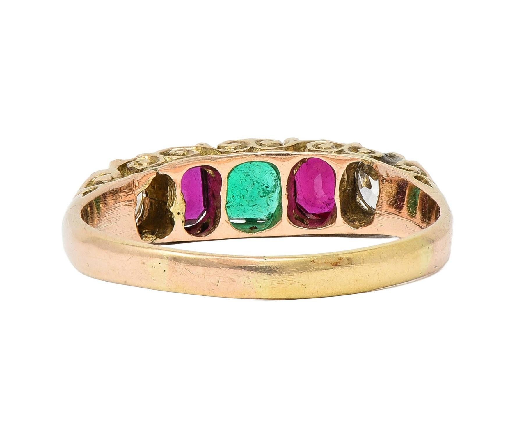 Victorian 1.10 CTW Ruby Emerald Diamond 14 Karat Yellow Gold Antique Band Ring 1