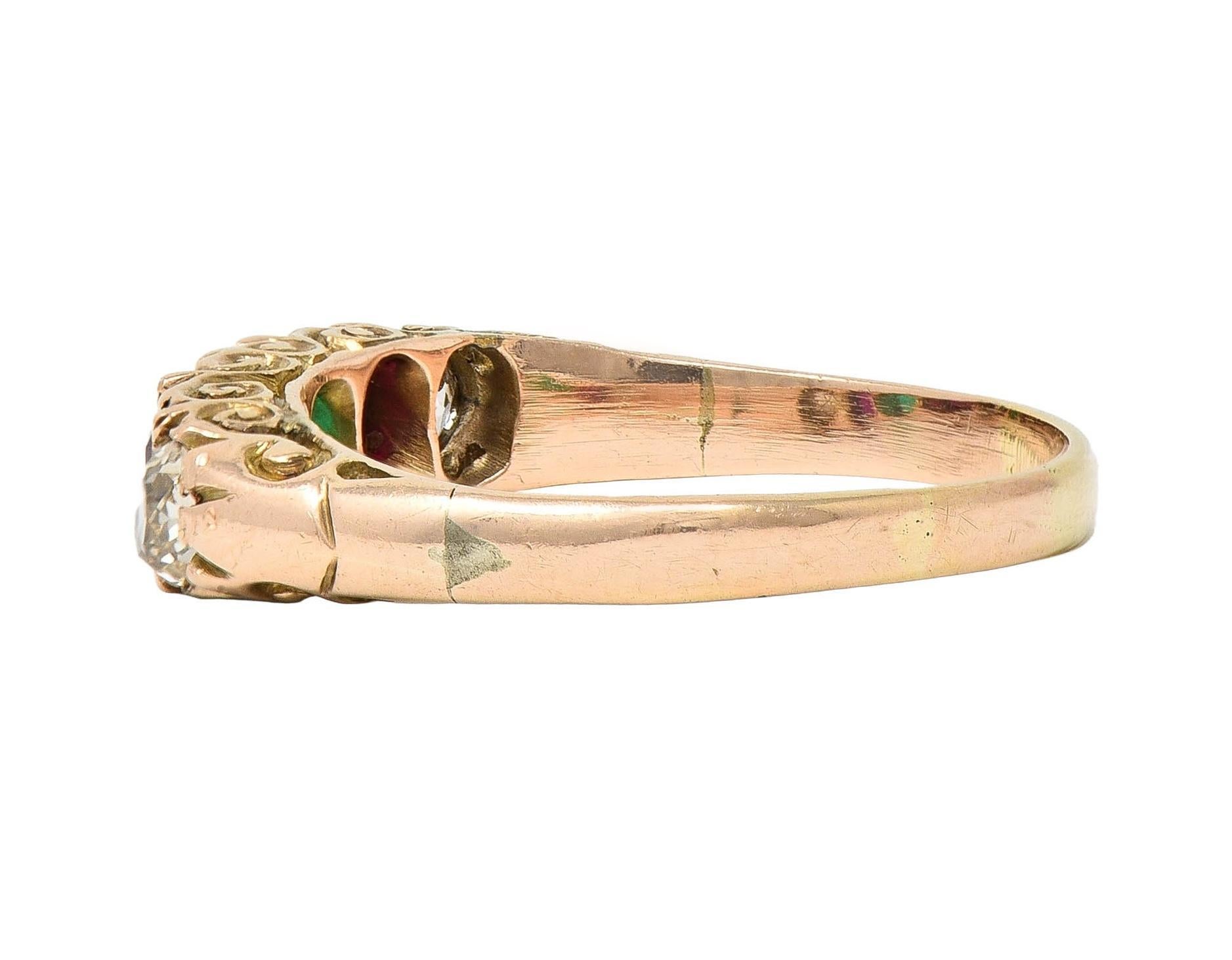 Victorian 1.10 CTW Ruby Emerald Diamond 14 Karat Yellow Gold Antique Band Ring 2
