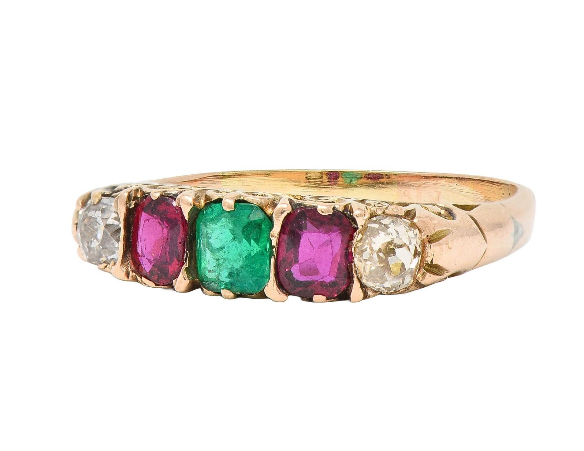 Victorian 1.10 CTW Ruby Emerald Diamond 14 Karat Yellow Gold Antique Band Ring 3