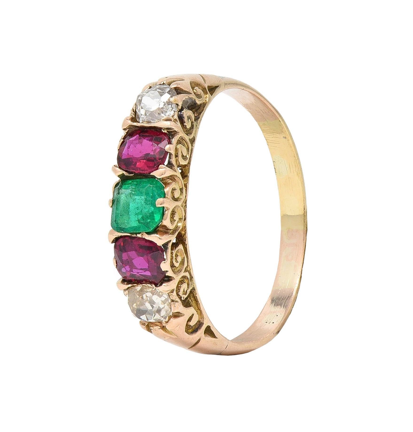 Victorian 1.10 CTW Ruby Emerald Diamond 14 Karat Yellow Gold Antique Band Ring 4