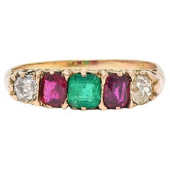 Victorian 1.10 CTW Ruby Emerald Diamond 14 Karat Yellow Gold Antique Band Ring