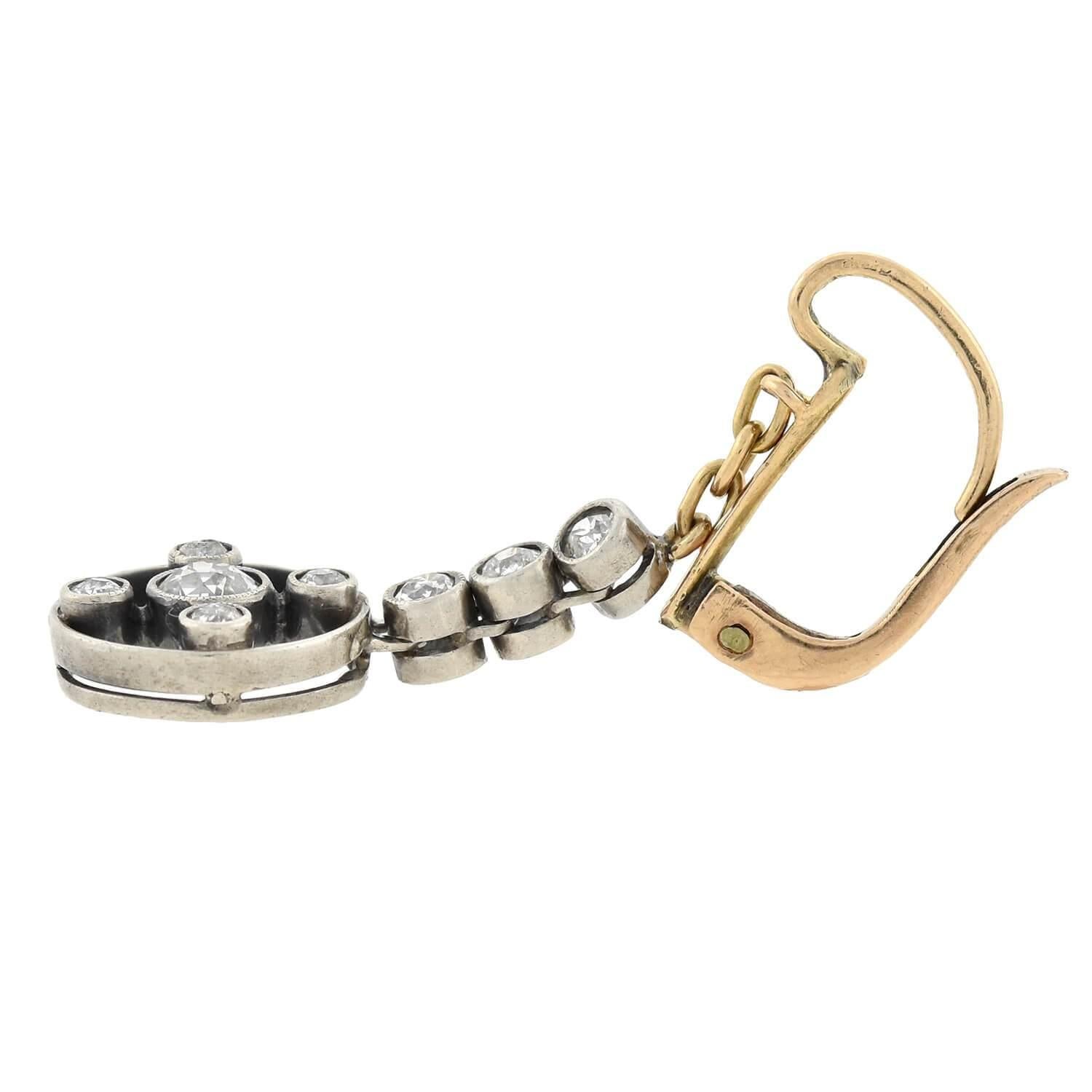 Victorian 1.10 Total Carat Old Mine Cut Diamond Dangle Earrings For Sale 1