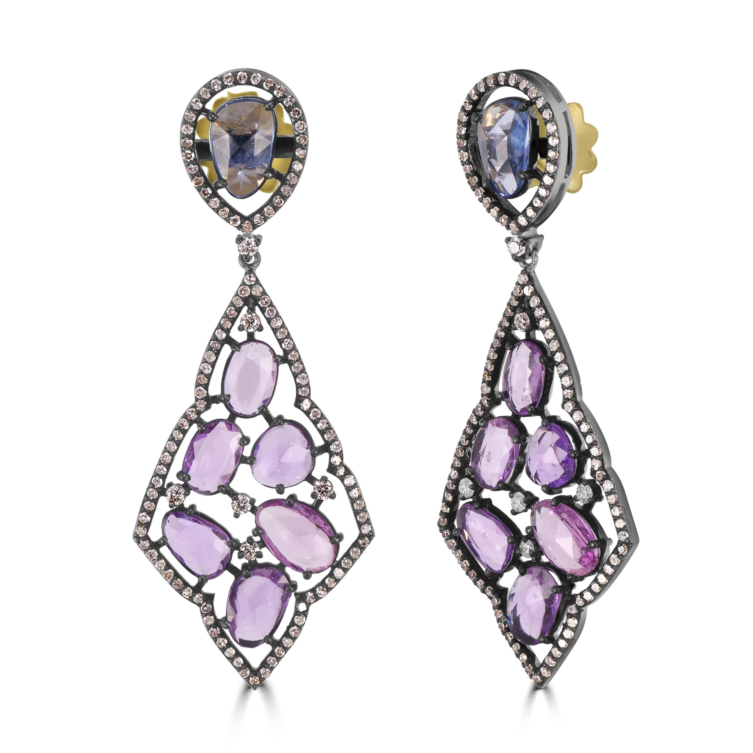 Mixed Cut Victorian 11.03 Ct. T.W Purple Sapphire, Blue Sapphire & Diamond Dangle Earring  For Sale