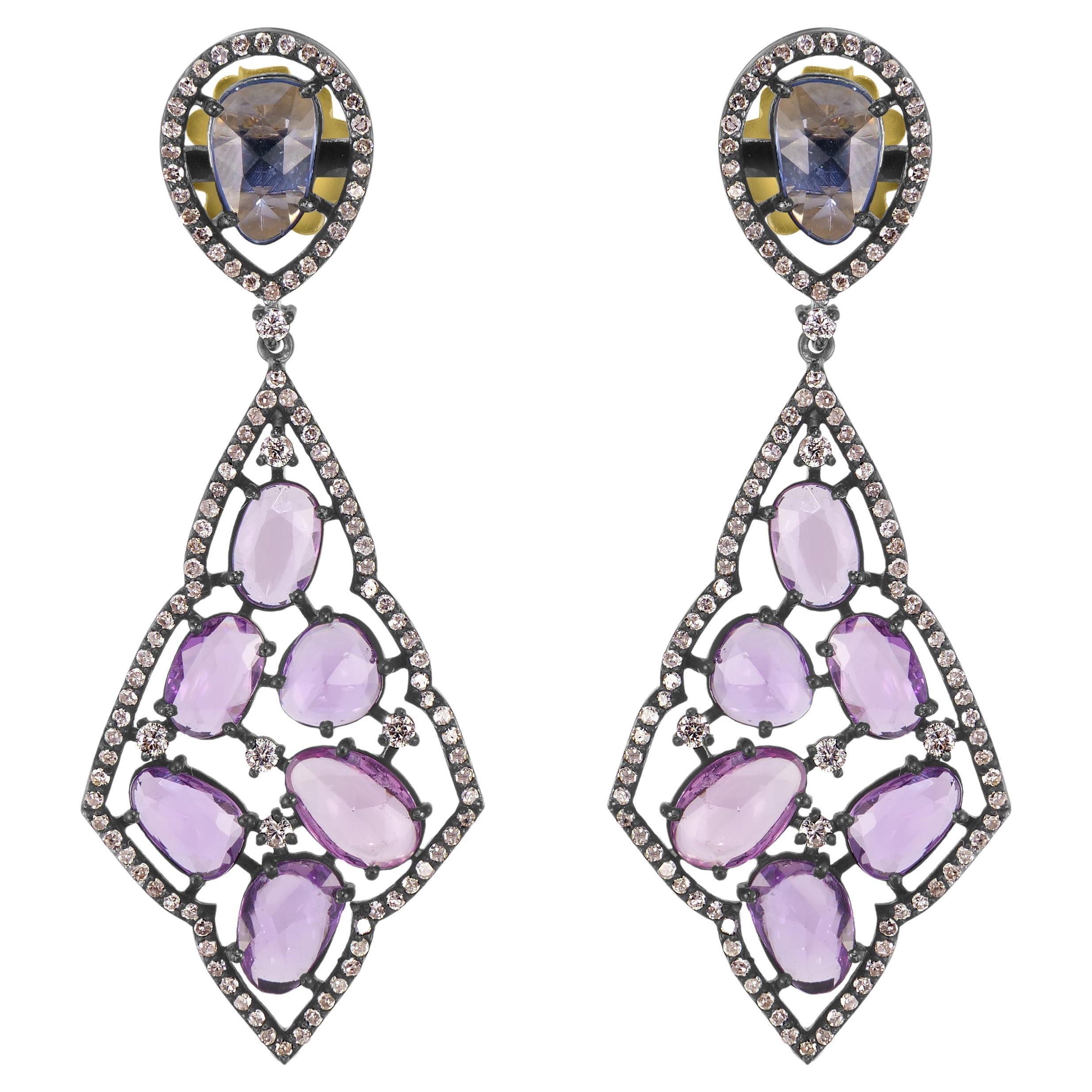 Victorian 11,03 Ct. Pendants d'oreilles en saphir violet, saphir bleu et diamants T.W 